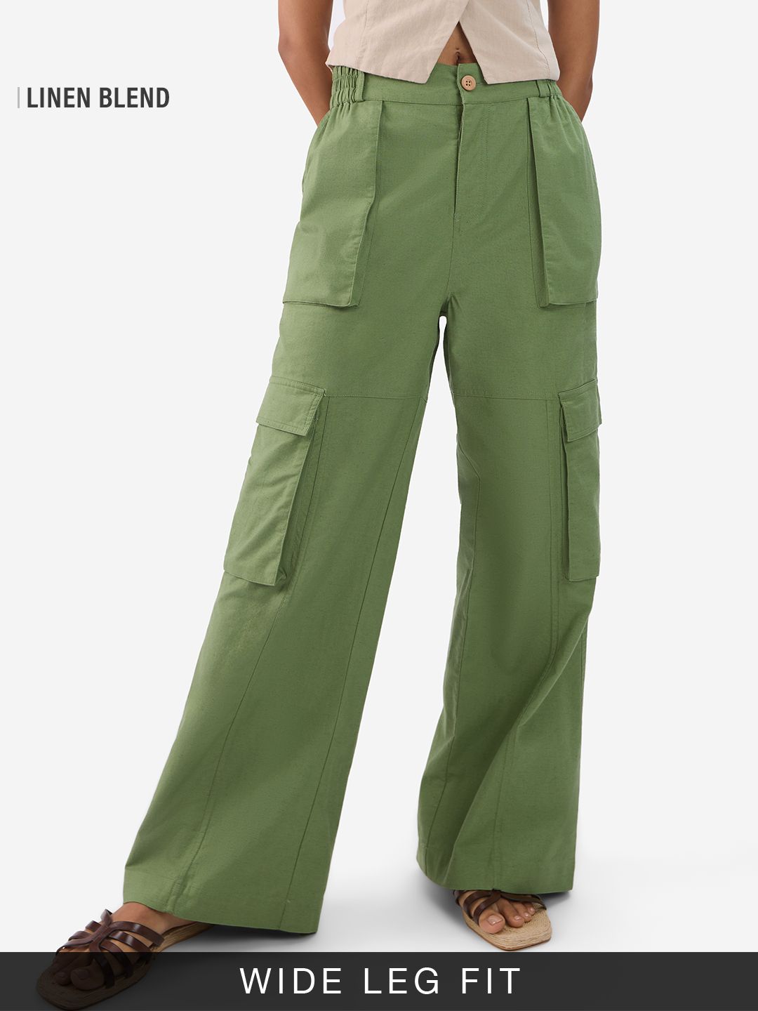 Cotton Linen Pants: Elm Green Women Cargo Pants