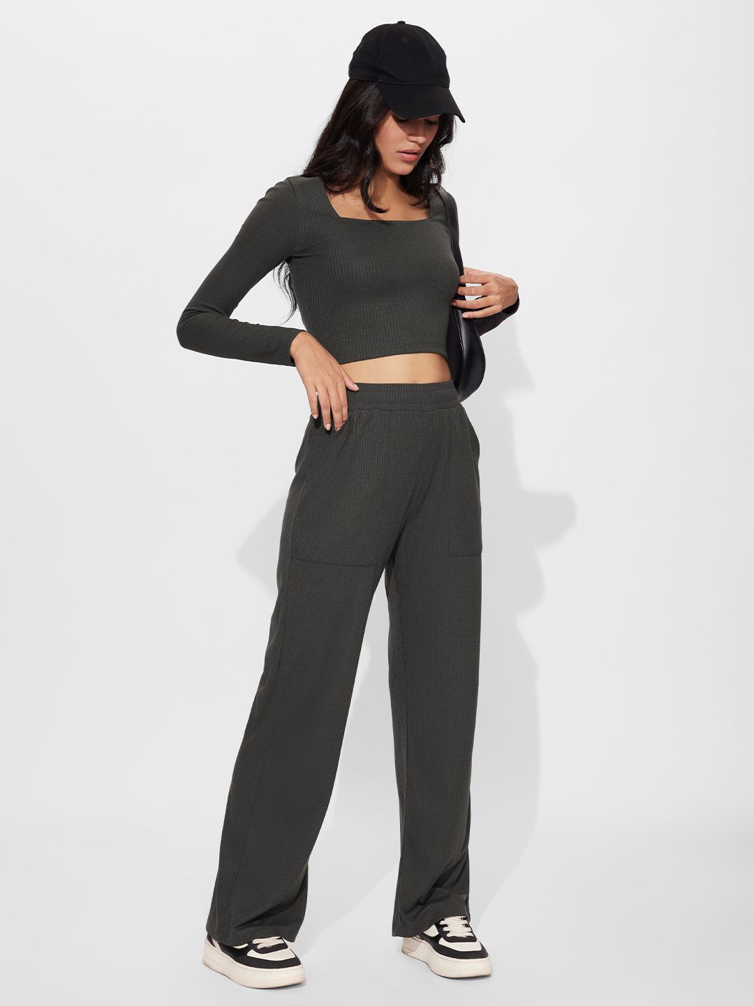 Charcoal Ribbed Top Women Full Sleeves Tops price