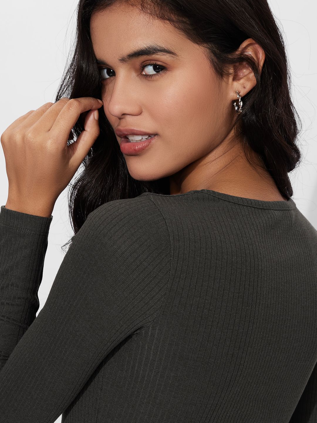 Buy Charcoal Ribbed Top Women Full Sleeves Tops