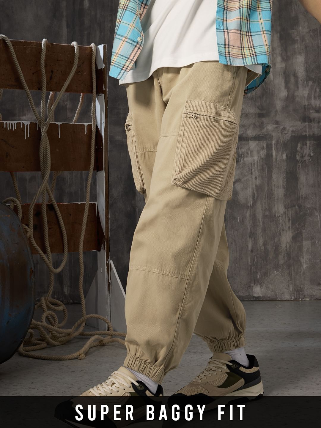 Buy Solids: Creamy Beige Men Cargo Pants Online