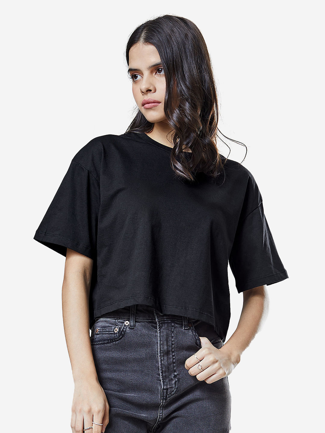 Buy Solids Black Women S Oversized Cropped T Shirt Online At The Souled Store