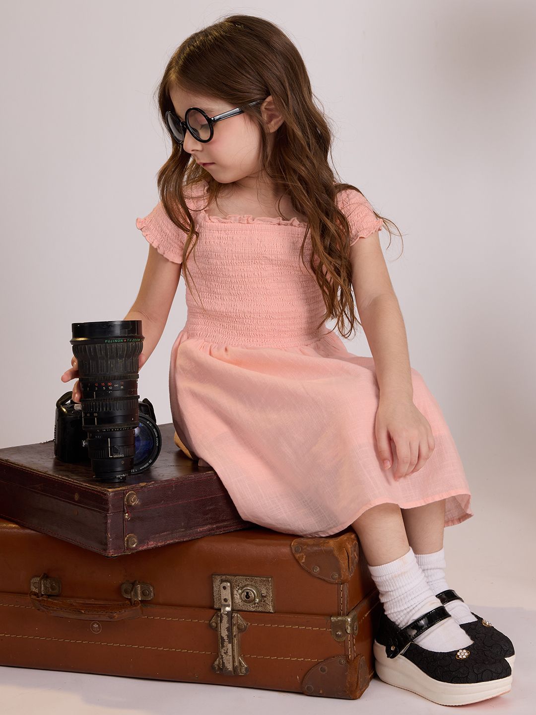 Solids: Fuzzy Peach Girls Cotton Dresses (2-8 Yrs) Online