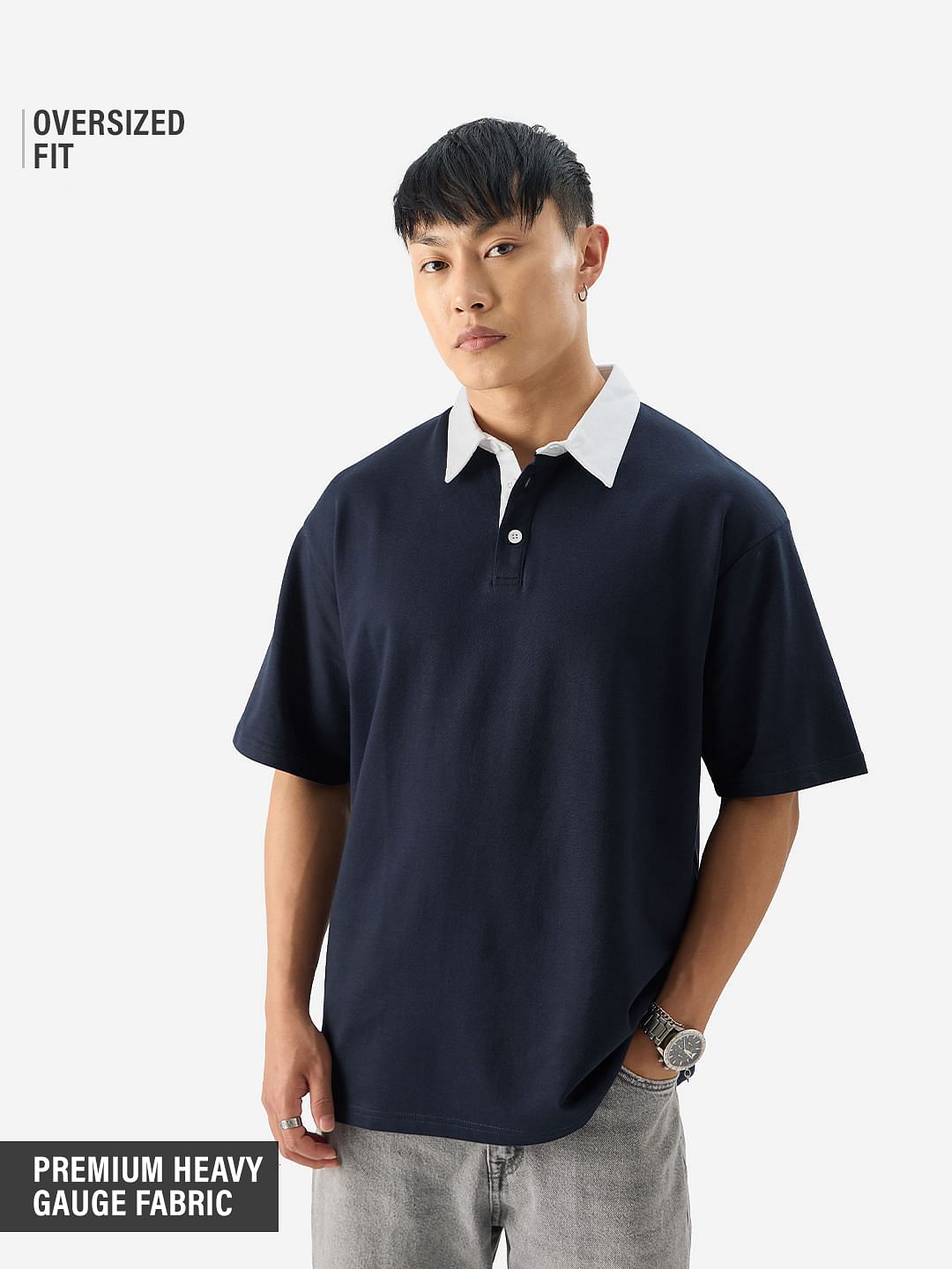 Buy Solid: Navy Blue Men Overized Polos Online