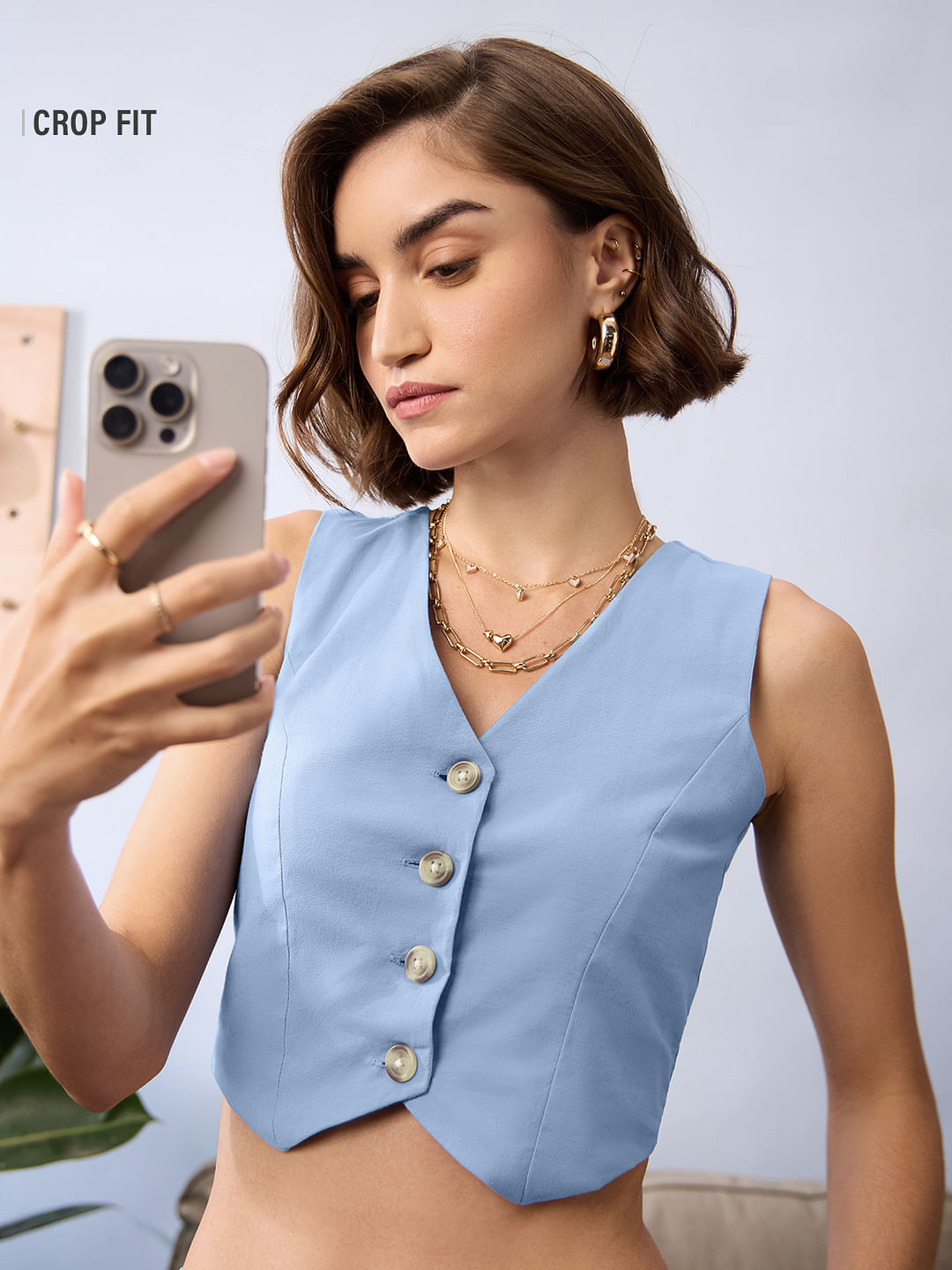 Linen Vest Top: Carolina Blue