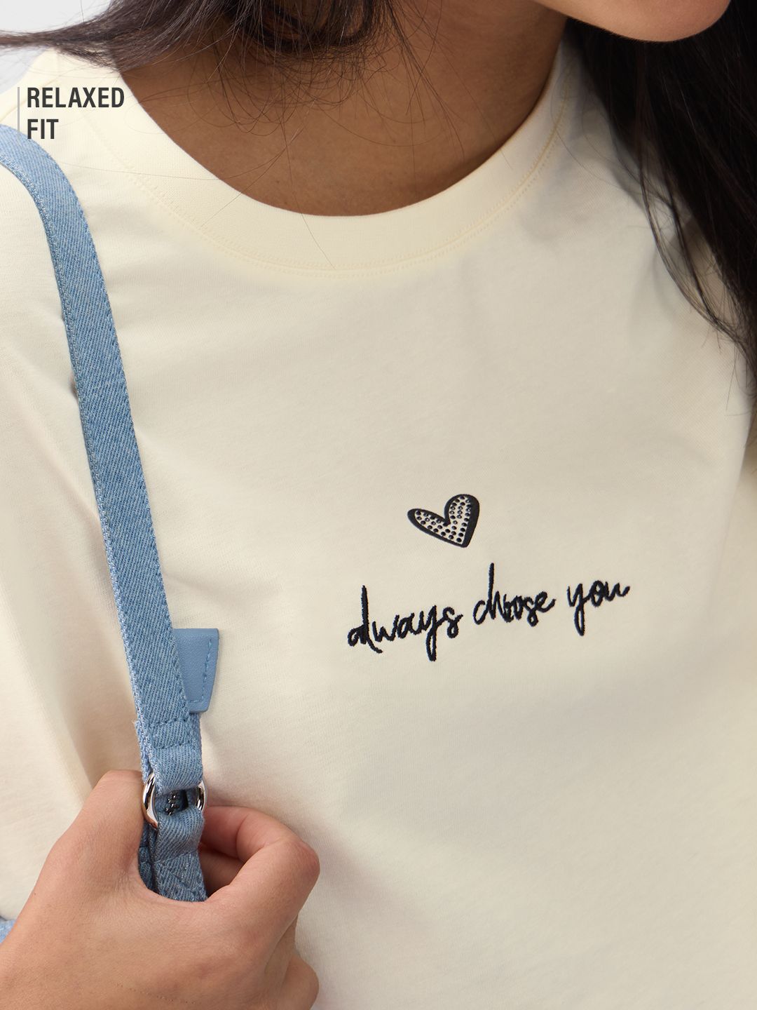 Women's Typography Embroidered White Relaxed Fit T-Shirt