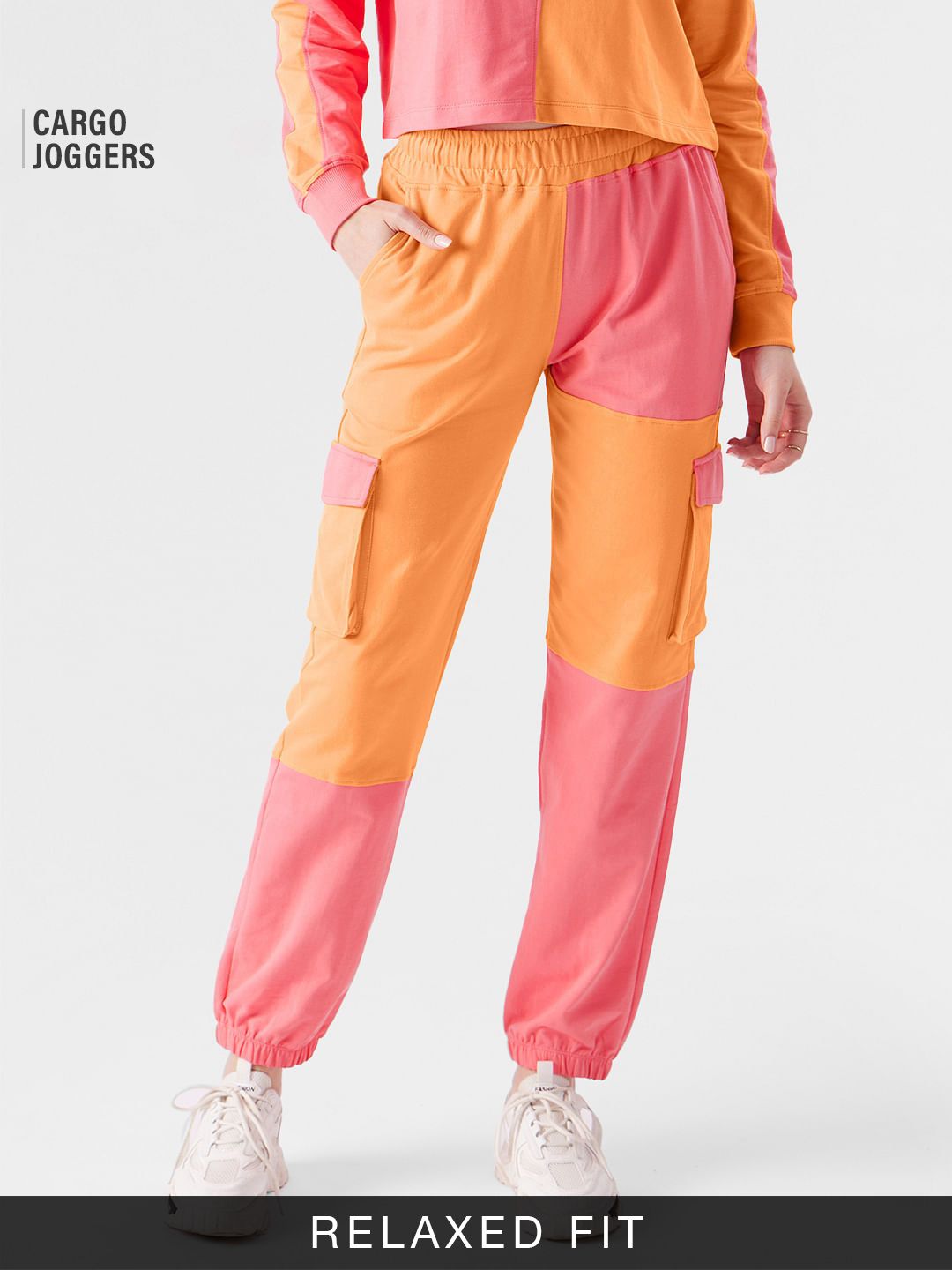 Solids: Orange, Pink (Colourblock) Women Cargo Joggers