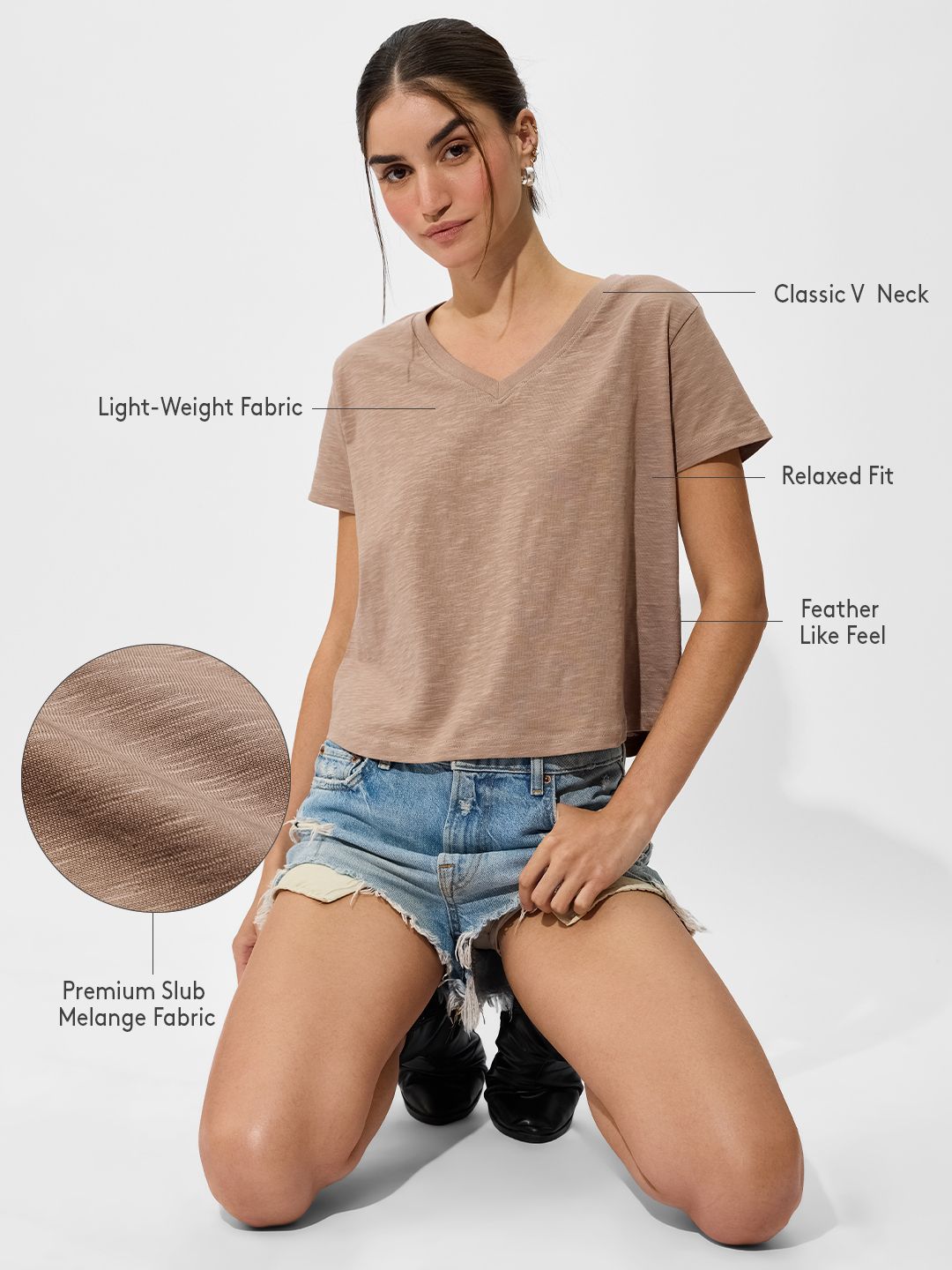 Slub T-shirt: Beige Women Relaxed Fit T-Shirts online