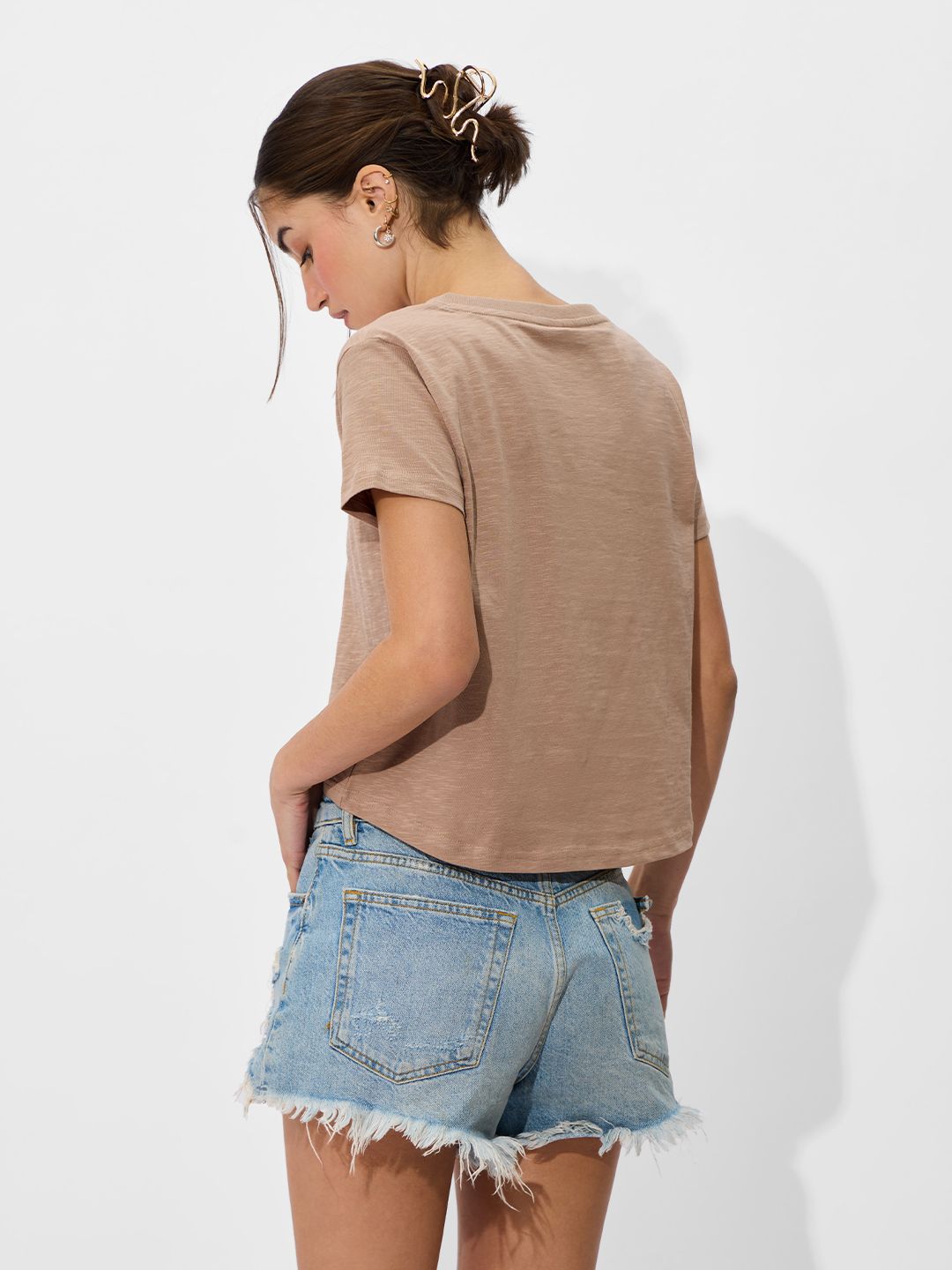 Buy Slub T-shirt: Beige Women Relaxed Fit T-Shirts