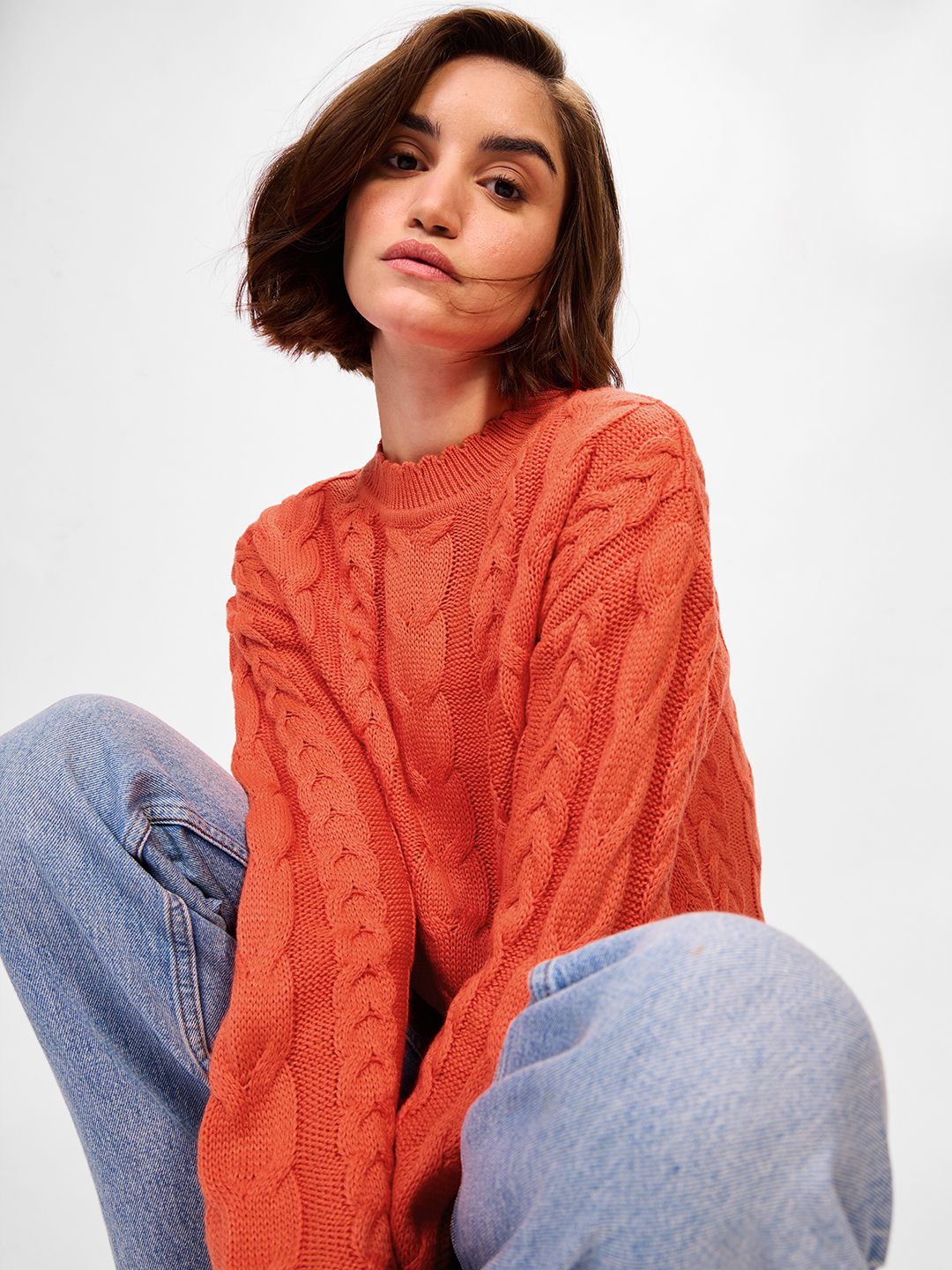 Cable Knit Sweater: Fiery Orange Women Oversized Sweaters price