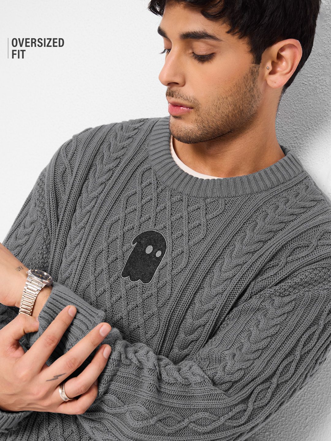 Buy Cable Knit Pullover: Stone Gr Mens Oversized Pullover Online