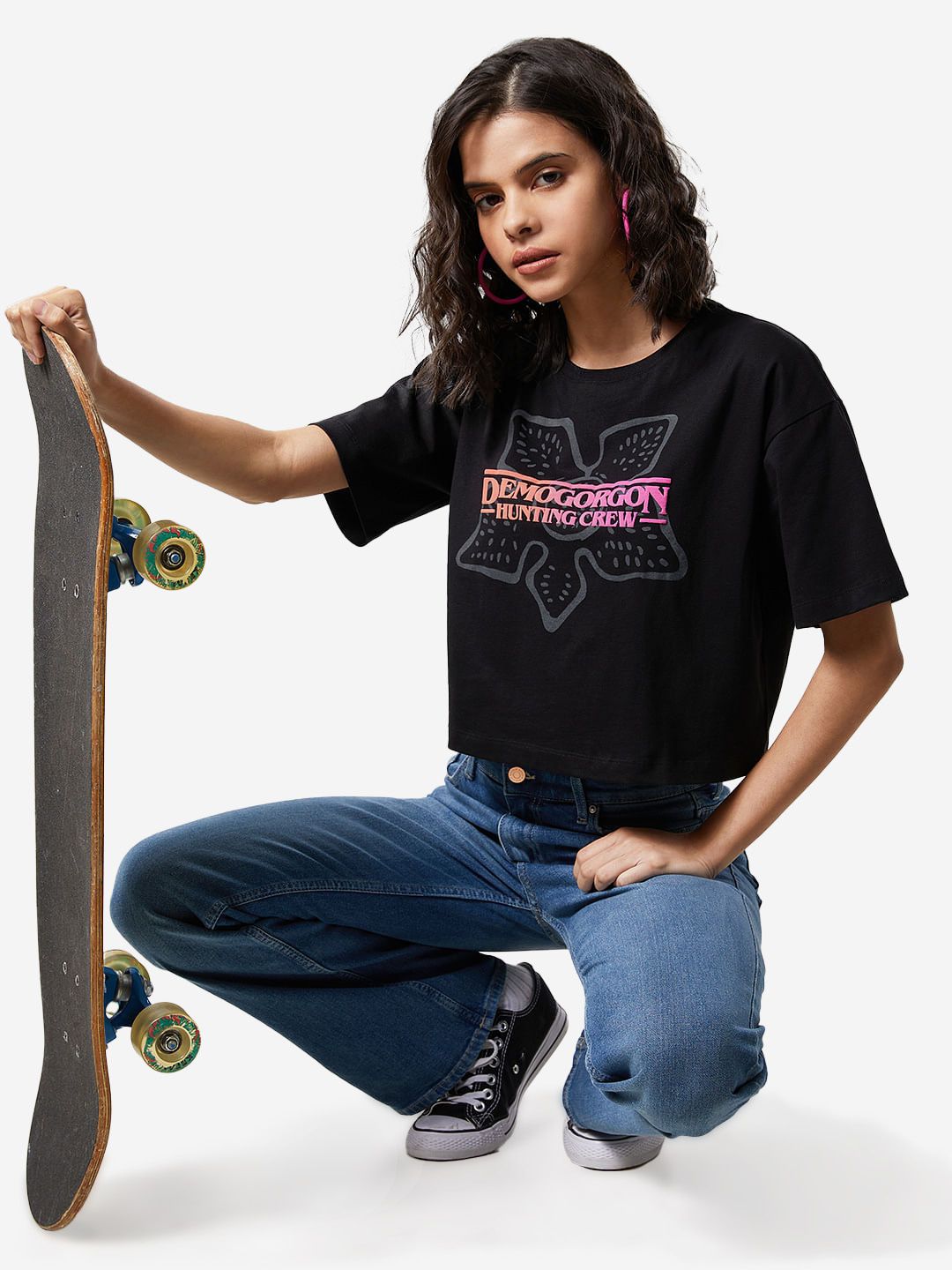 Stranger Things: Demogorgon Hunting Crew (Oversized) Women Oversized Cropped T-Shirts price