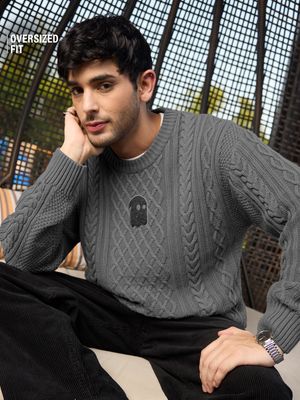 Cable Knit Pullover: Stone Grey Oversized Pullovers By The Souled Store