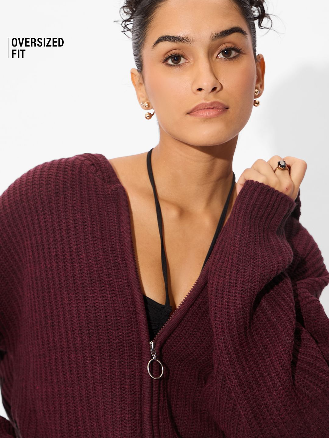 Knitted Hooded Sweater: Maroon