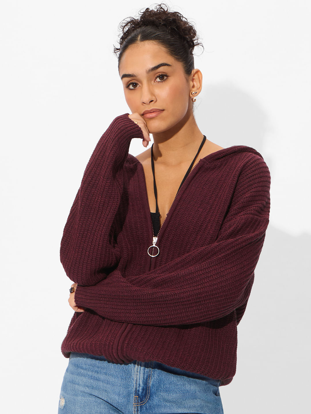 Buy Official Solids: Maroon Womens Oversized Sweaters Online