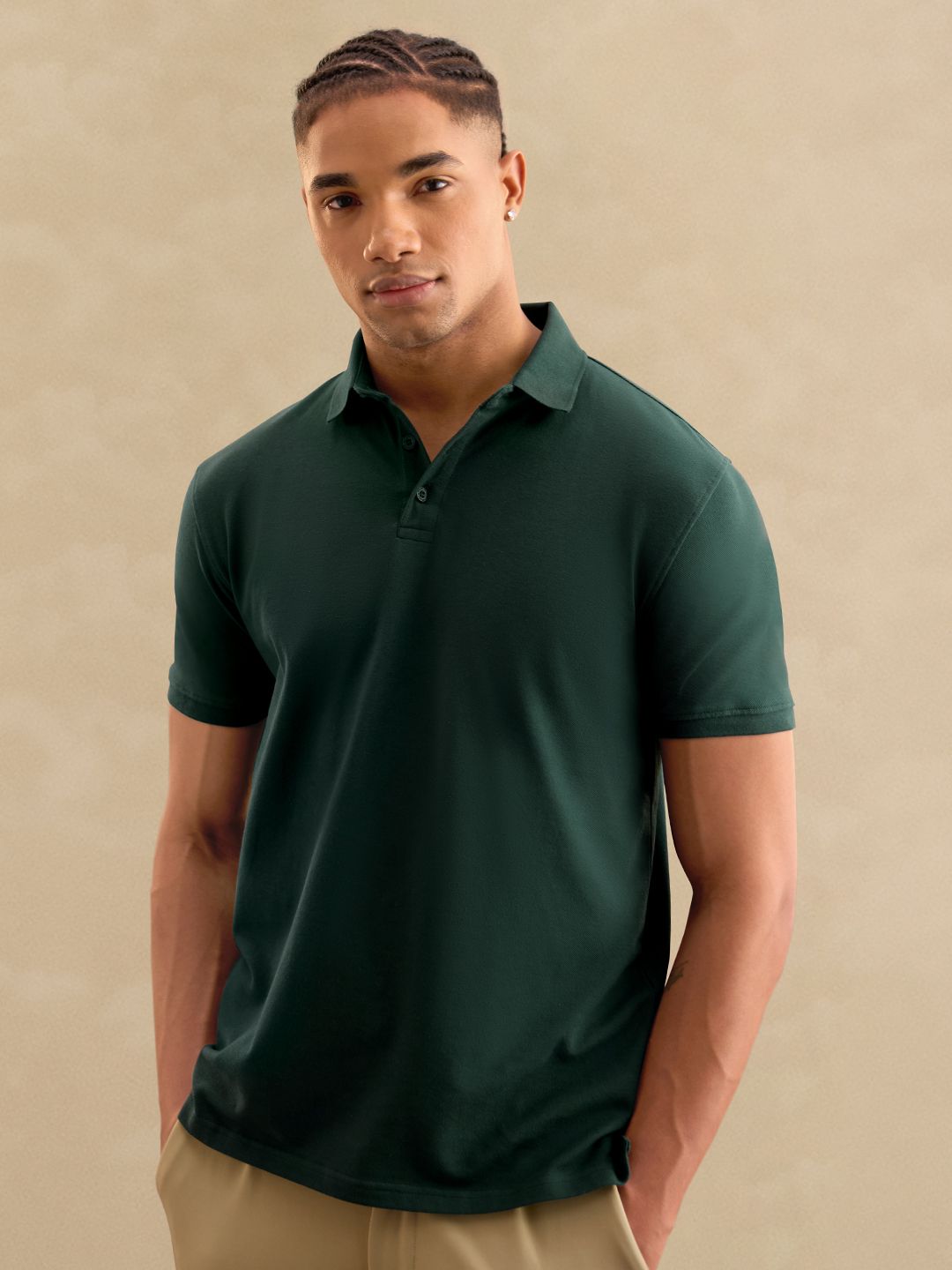 Buy Solid Emerald Green Men Mandarin Polos Online