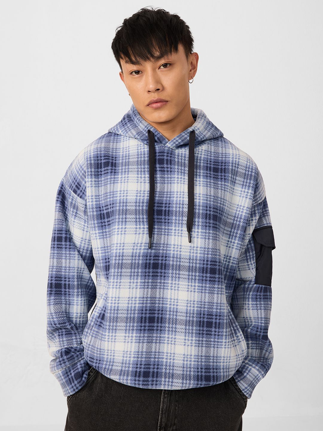 Polar Fleece Hoodie: Blue Checks Men Oversized Hoodies price