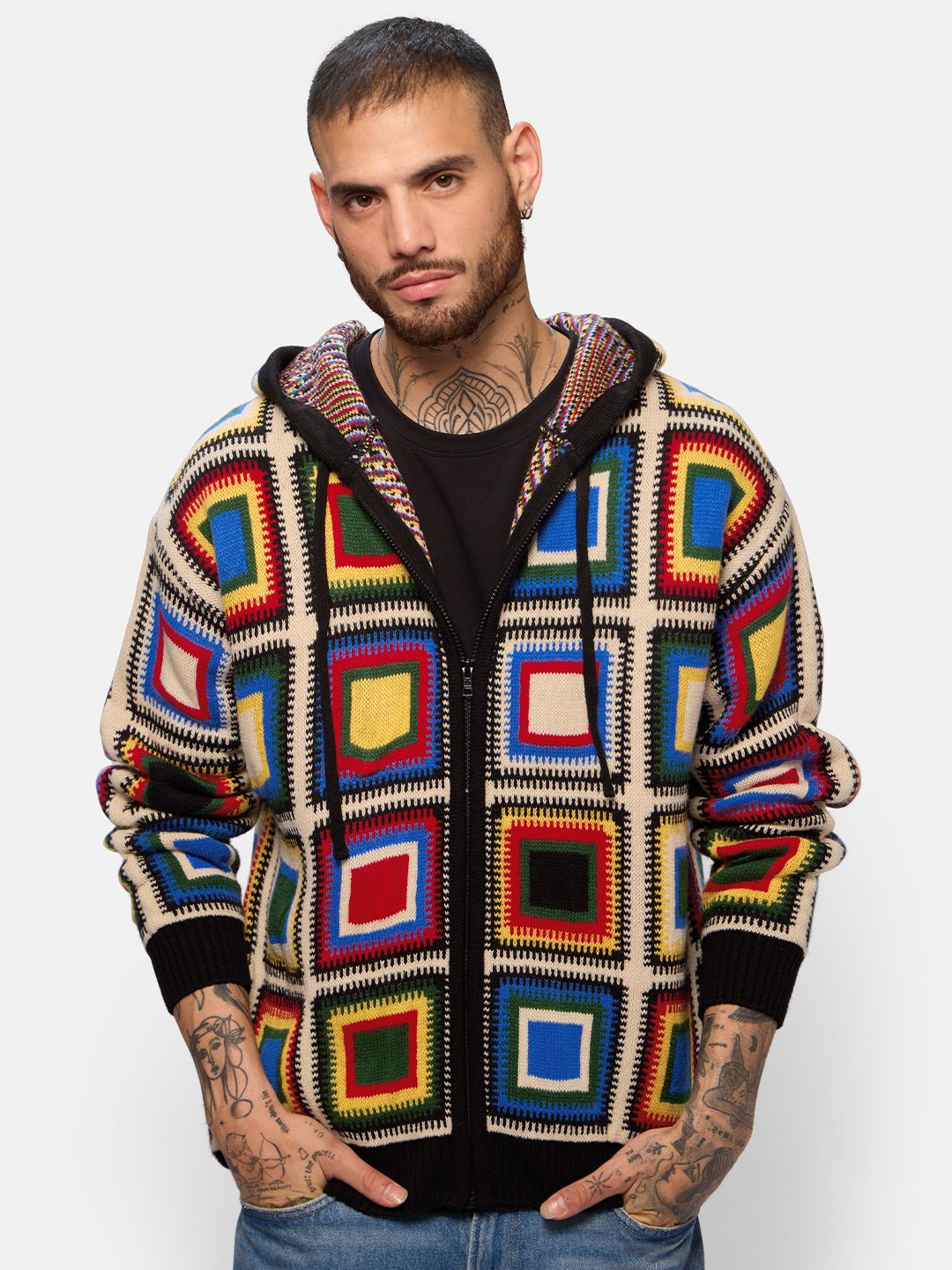 Buy Jacquard Hoodie: Colour Pop Mens Oversized Pullover Online