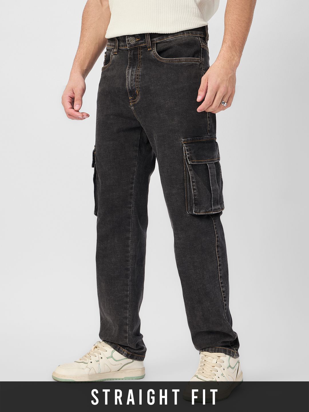 Charcoal Grey High-Waist Straight-Leg Jeans