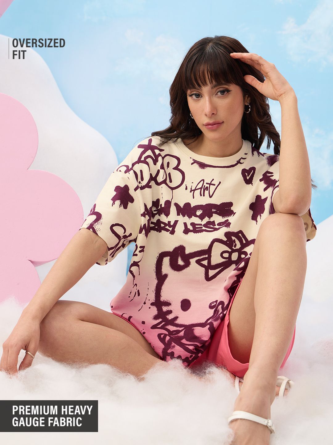 Hello Kitty: Laugh More Women Oversized T-Shirts Online