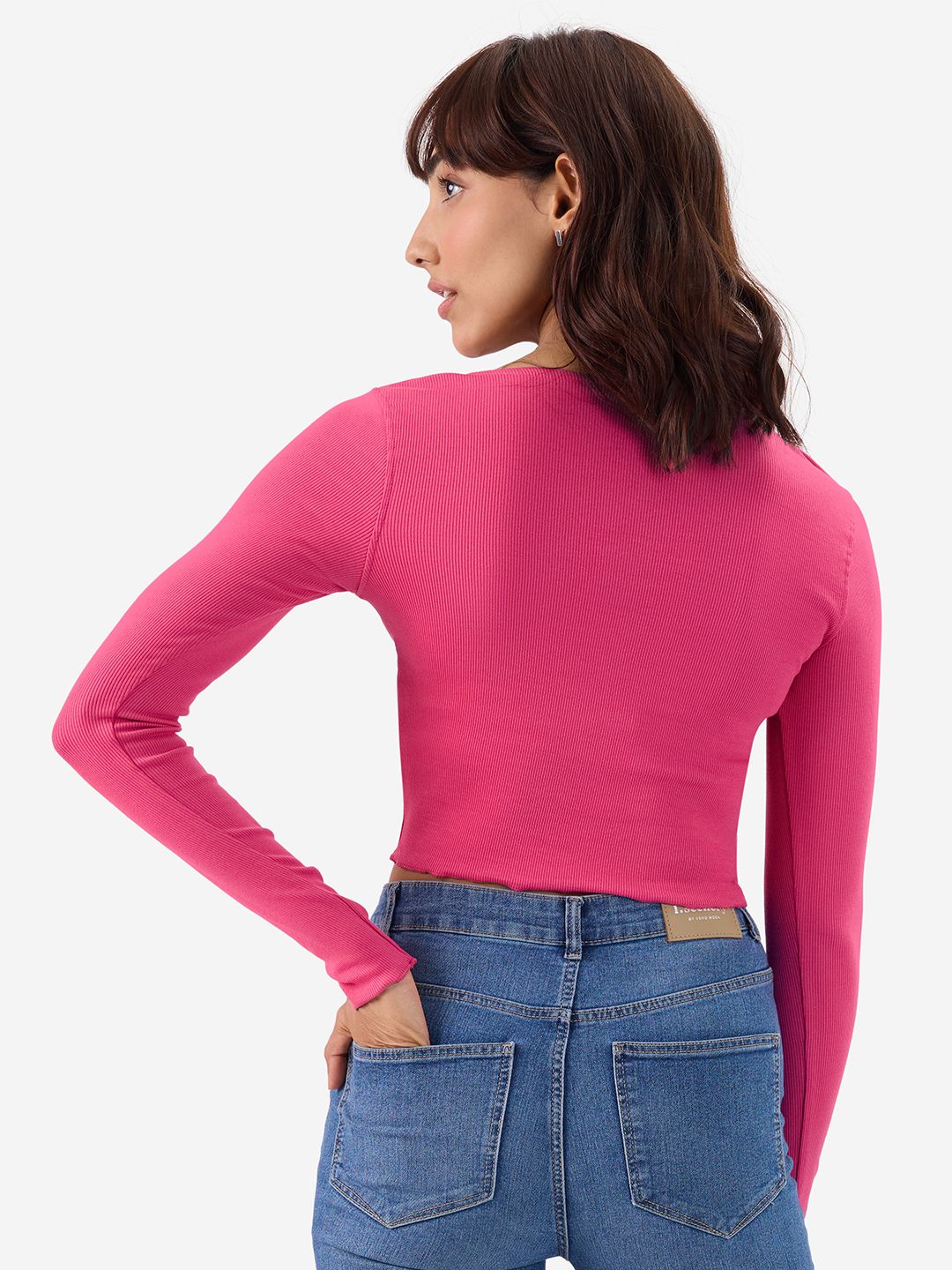 Buy Hot-Pink Ribbed Top Women Full Sleeves Tops