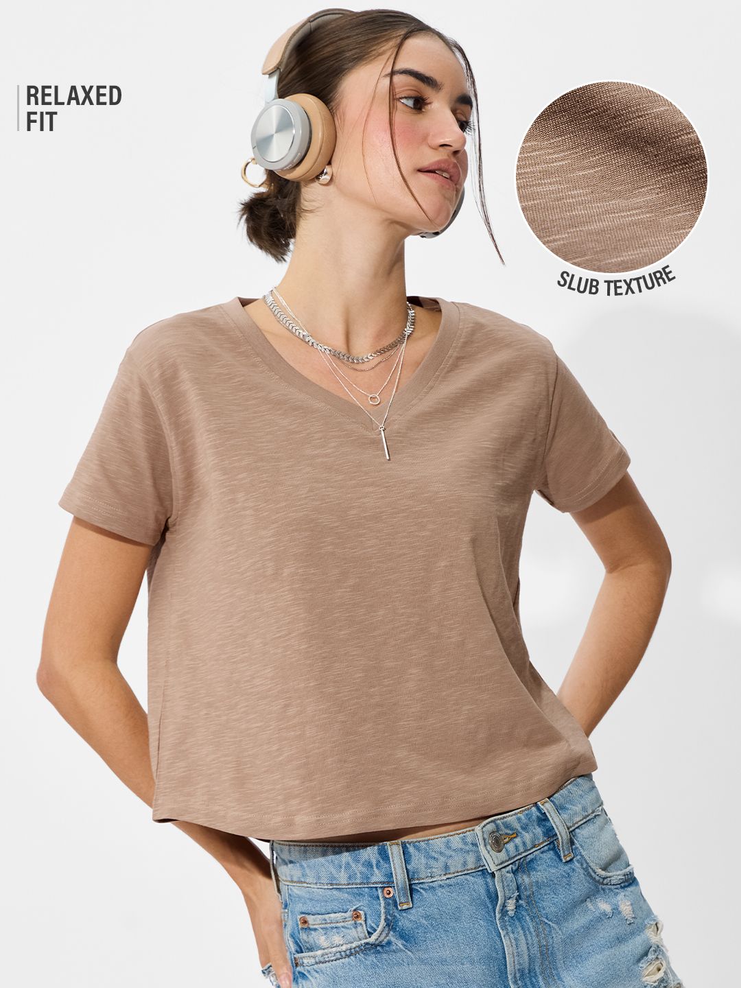 Slub T-shirt: Beige Women Relaxed Fit T-Shirts