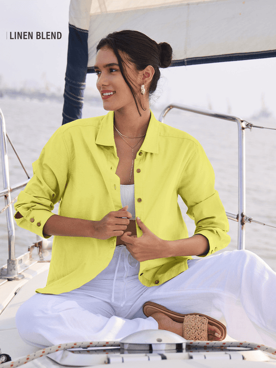 Cotton Linen Shirt: Lime Green Women Shirts