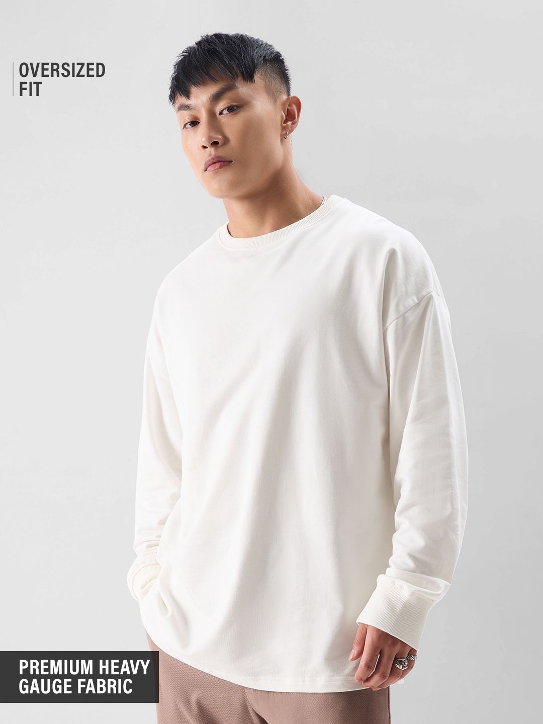 Solids: White Oversized Full Sleeve T-Shirts
