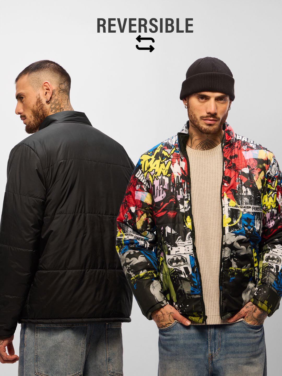 Reversible Puffer: Batman Gotham City Men Puffer Jackets Online