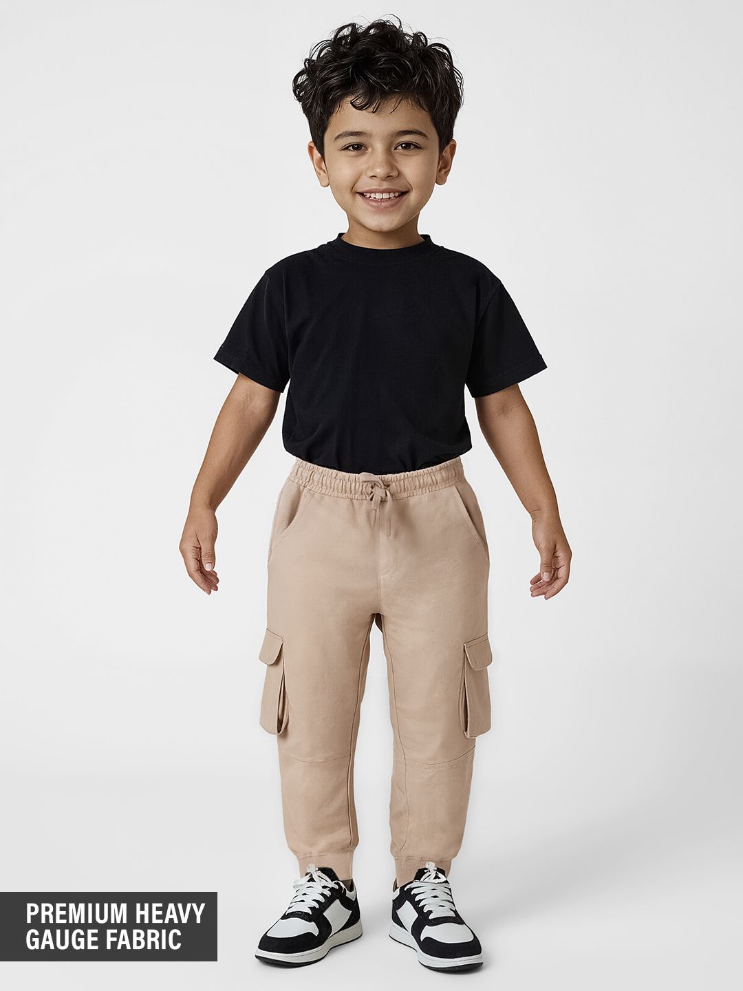 Solids: Creamy Beige Boys Cargo Joggers (2-8 Yrs) Online