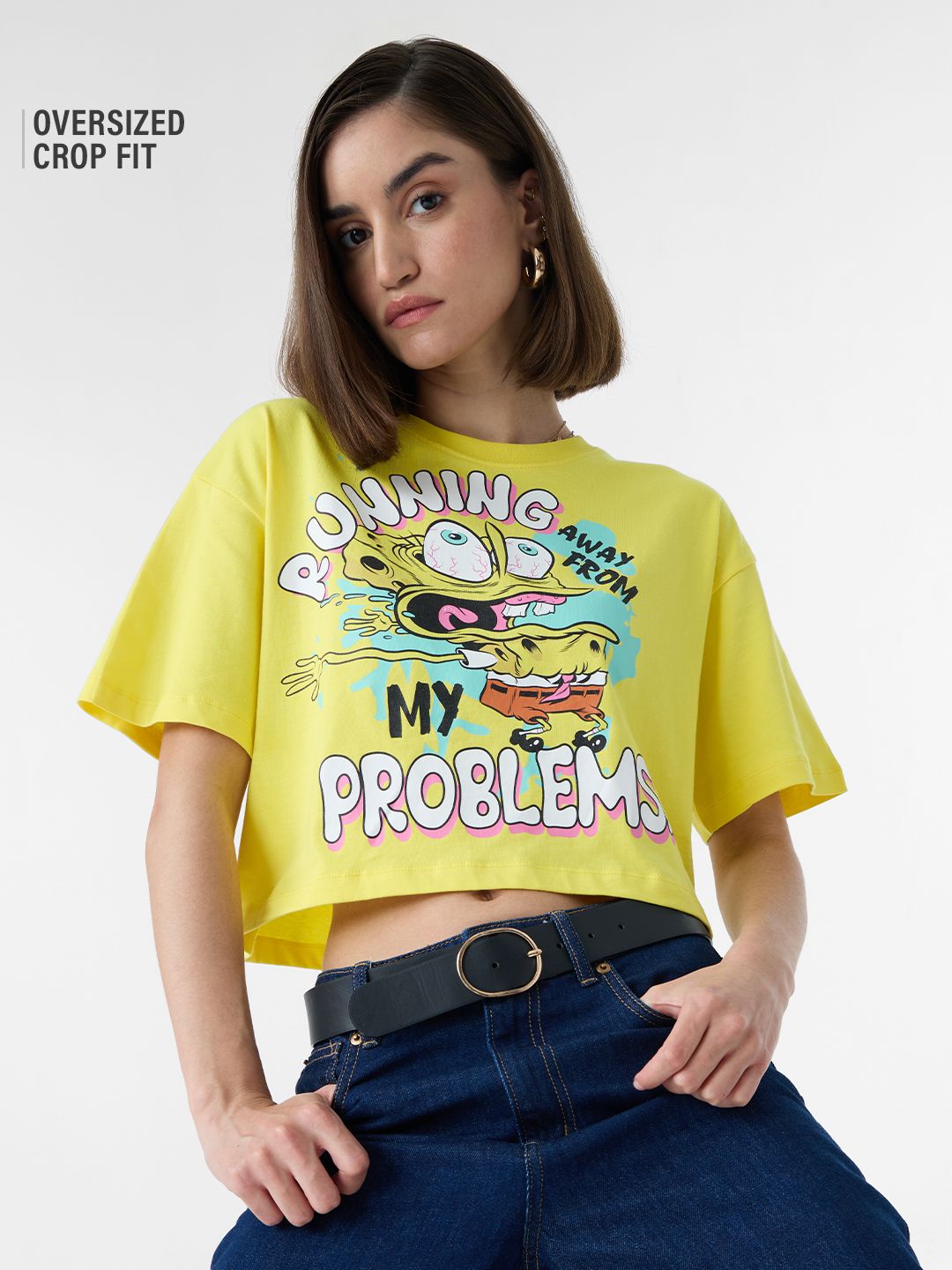 SpongeBob: Running Away Women Oversized Cropped T-Shirts