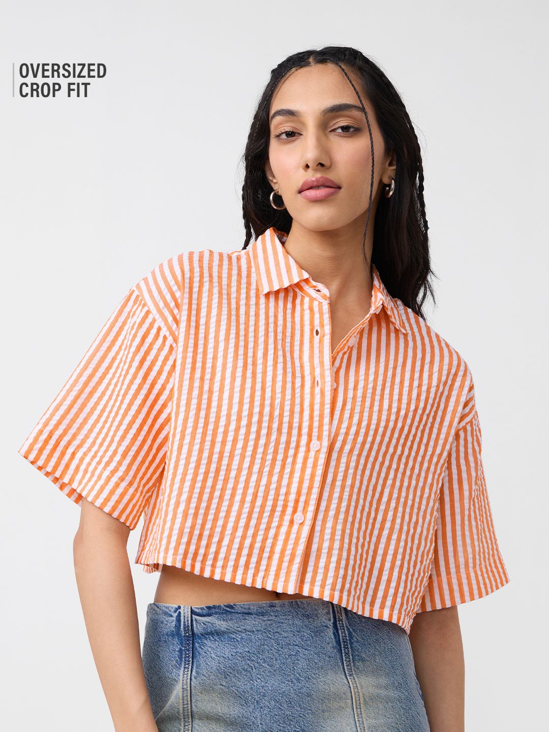 Textured Stripes: Tangerine Women Cropped Shirts