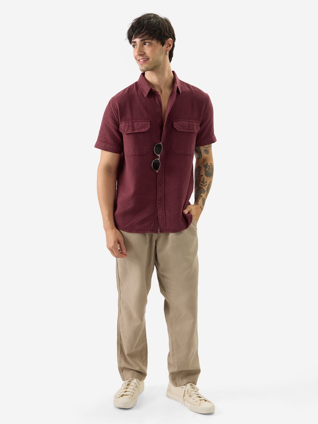 Solids: Burgundy Men Textured Shirts price