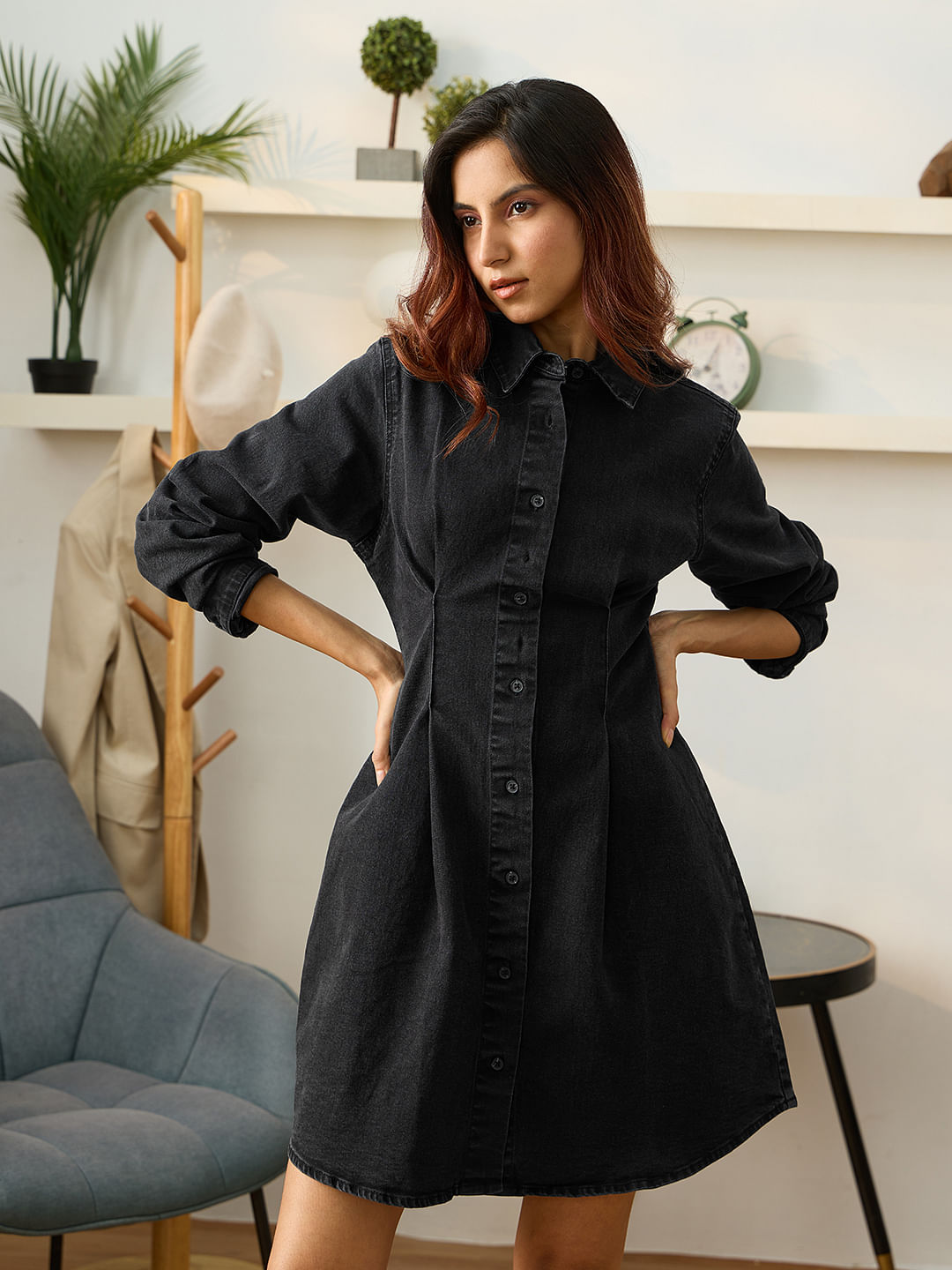 Denim Shirt Dress: Charcoal