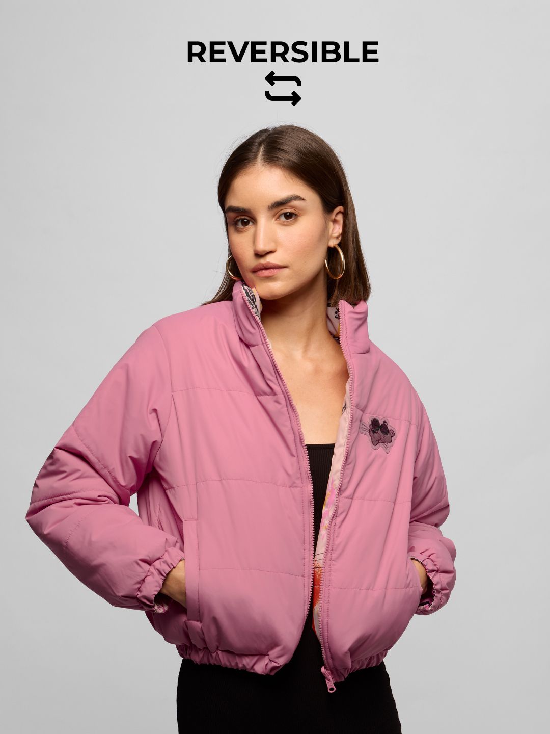 Reversible Puffer: Pink Panther Women Puffer Jackets Online