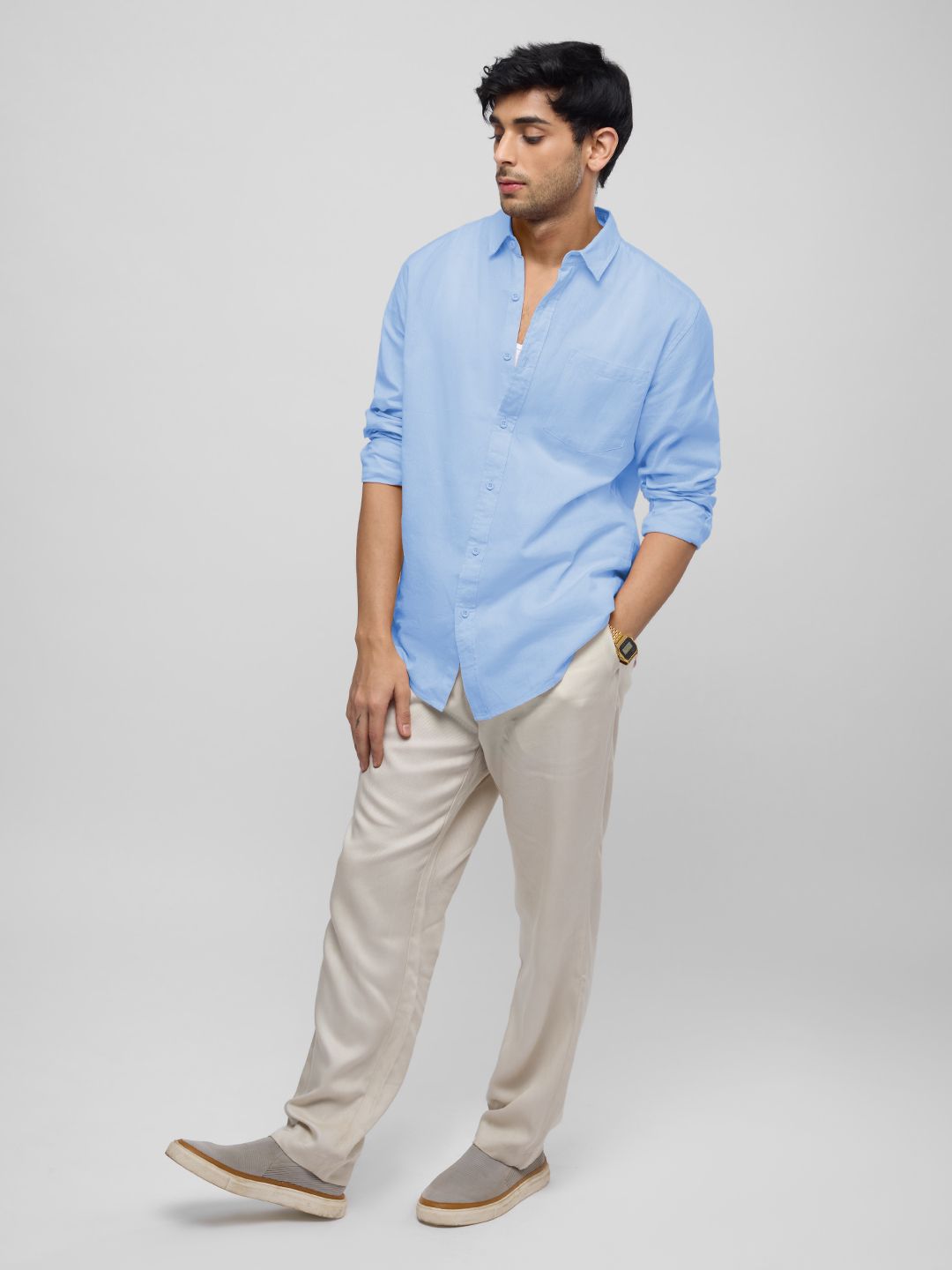 Cotton Linen: Cerulean Sky Cotton Linen Shirts online