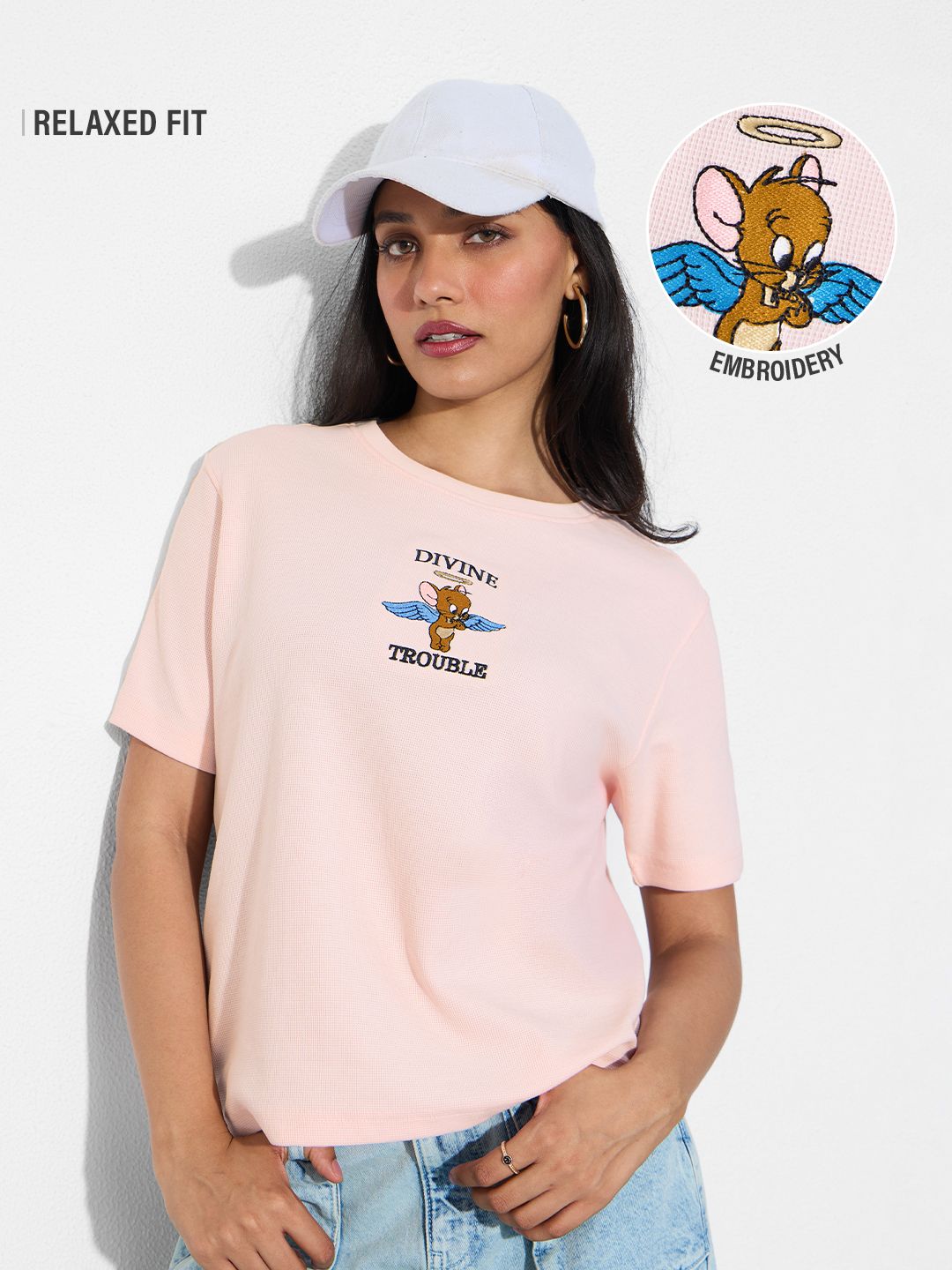 Textured T-shirt: Tom & Jerry Trouble Women Relaxed Fit T-Shirts Online