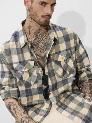 Plaid: Blue, Green, and Yellow Men Utility Shirts Online