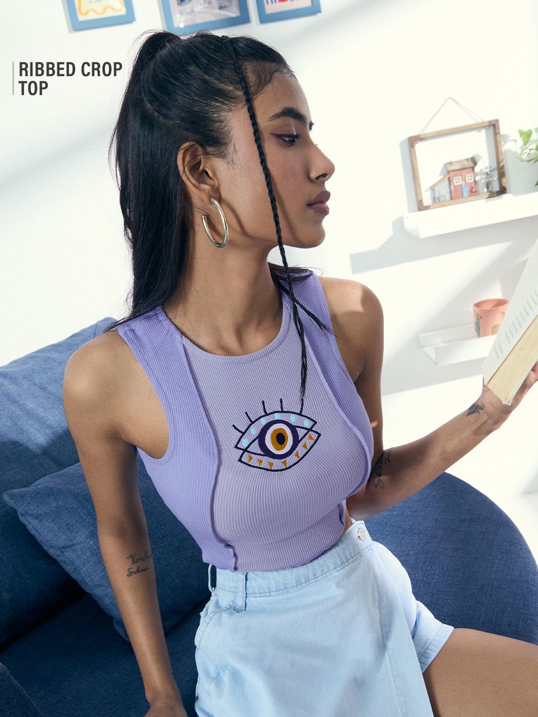 Ribbed Tank Top: Evil Eye Cropped Tank Tops
