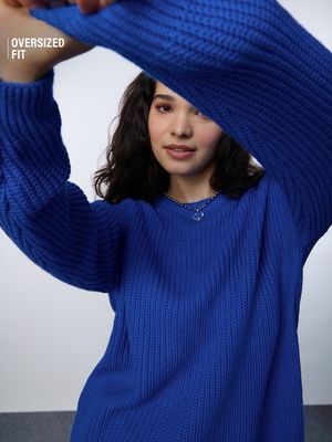 Knitted Sweater: Royal Blue Women Oversized Sweaters By The Souled Store