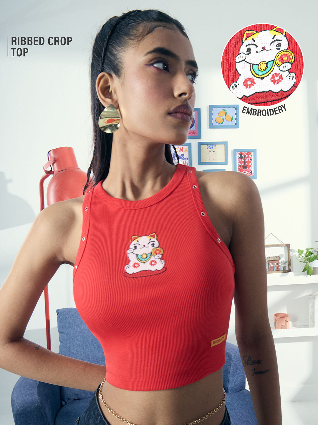 Ribbed Tank Top: Lucky Cat