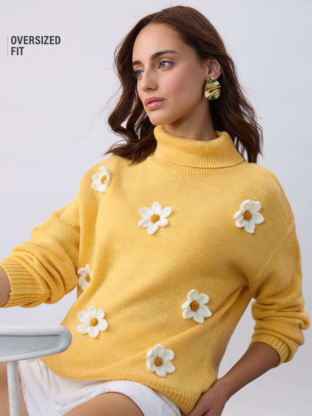 Turtleneck Sweater: Yellow Daisy Women Oversized Sweaters By The Souled  Store