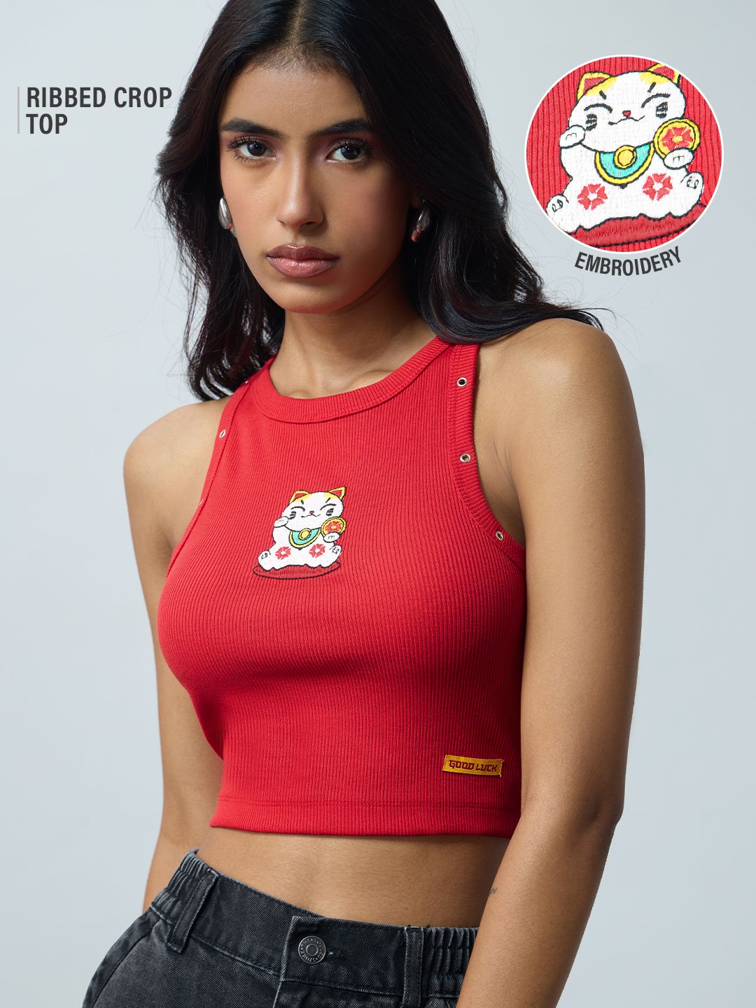 Ribbed Tank Top: Lucky Cat