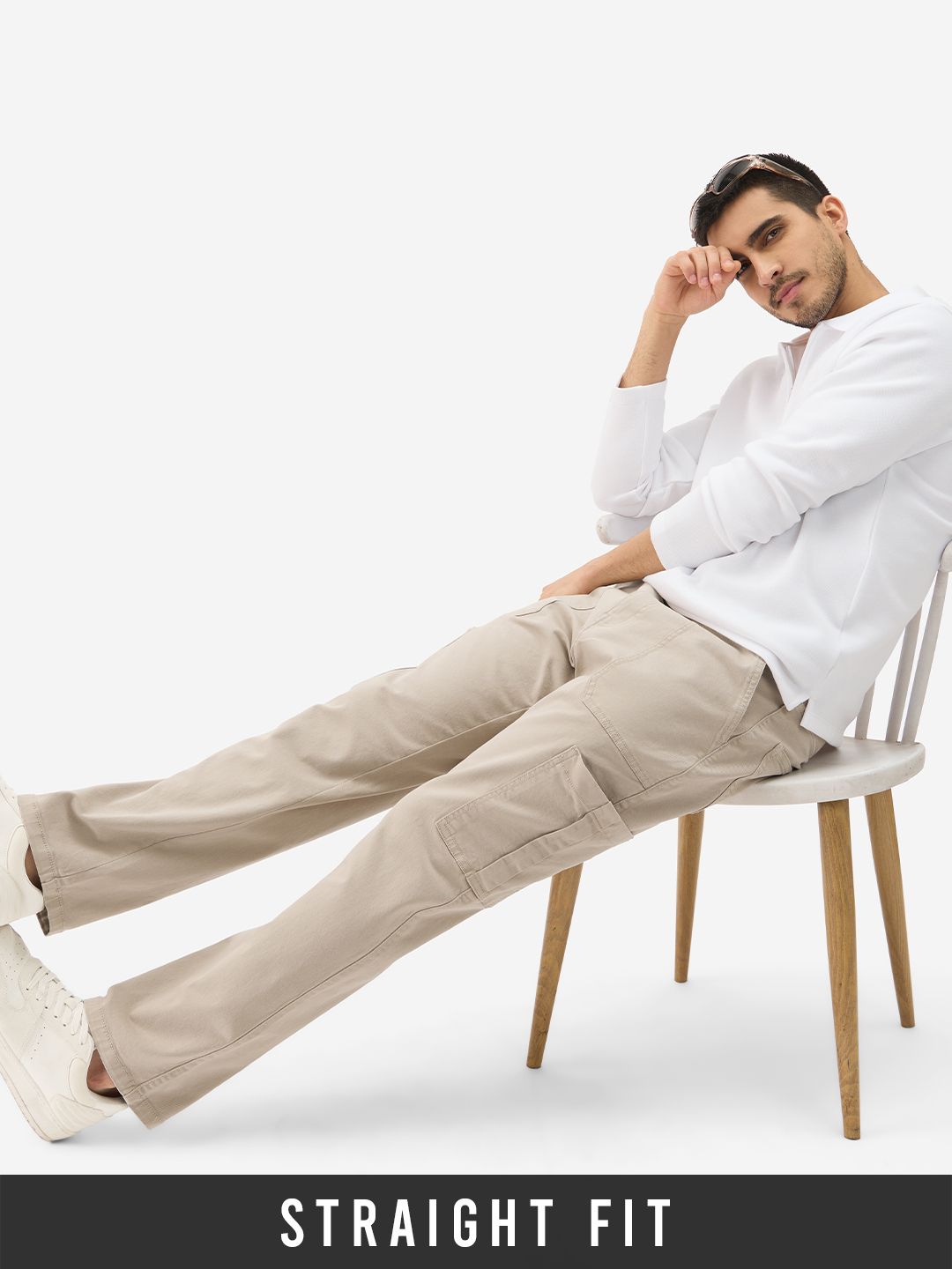 Solids: Light Beige (Straight Fit) Men Cargo Jeans Online