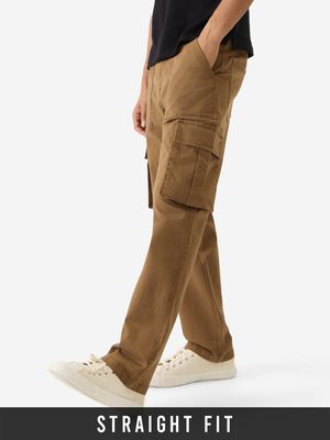Solids: Camel (Straight Fit) Men Cargo Jeans By The Souled Store