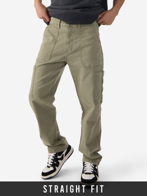 Solids: Light Olive (Straight Fit) Men Cargo Jeans By The Souled Store