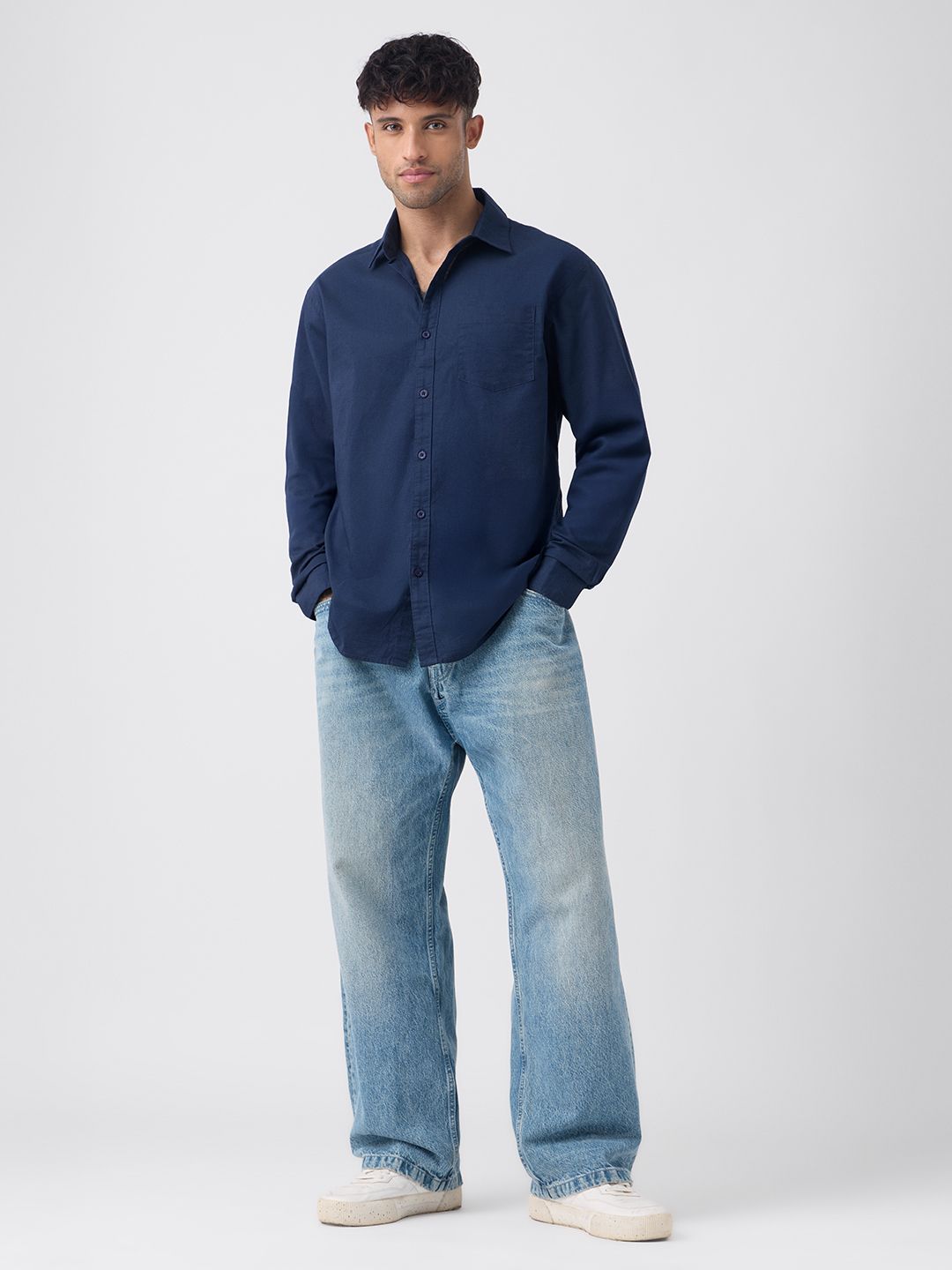 Cotton Linen: Prussian Blue Cotton Linen Shirts price