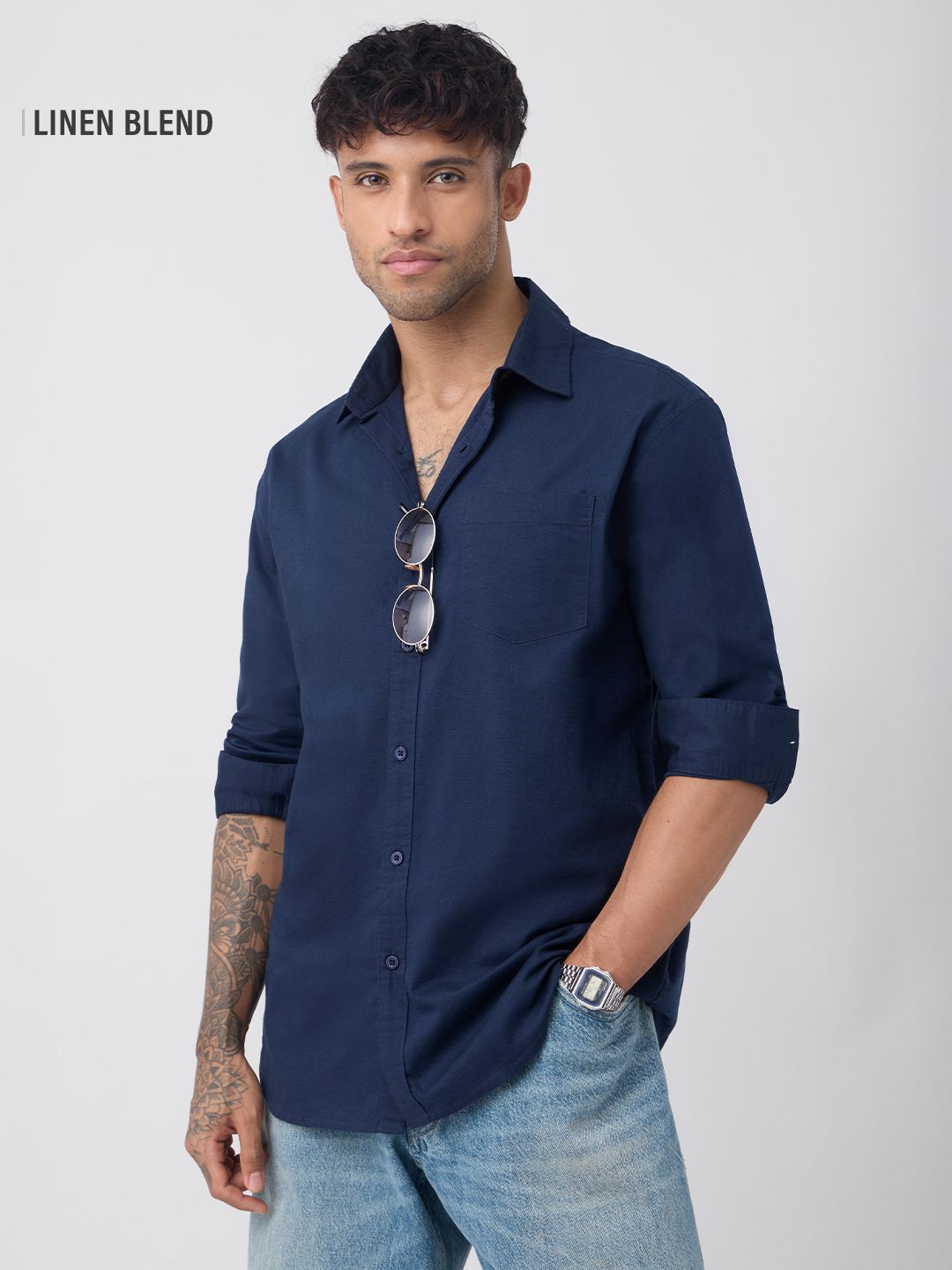 Cotton Linen: Prussian Blue Cotton Linen Shirts