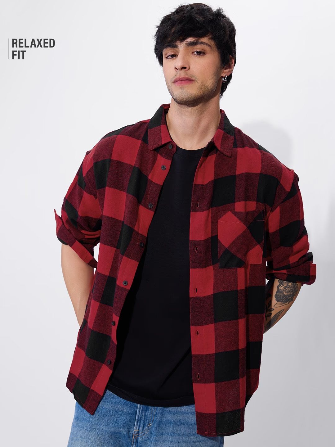 Plaid: Black And Red Men Relaxed Shirts
