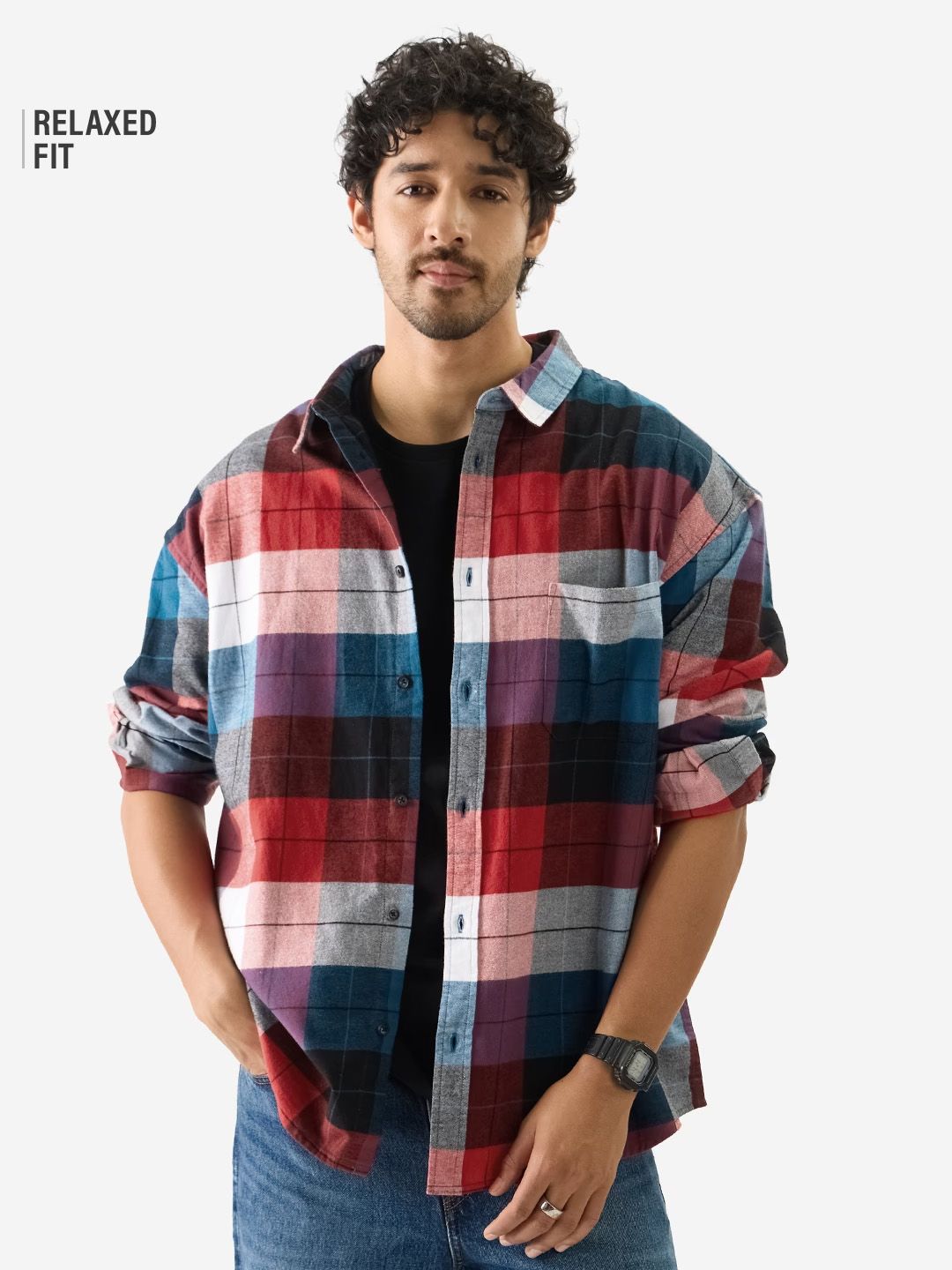 Plaid: Black, Blue and Red Men Relaxed Shirts Online