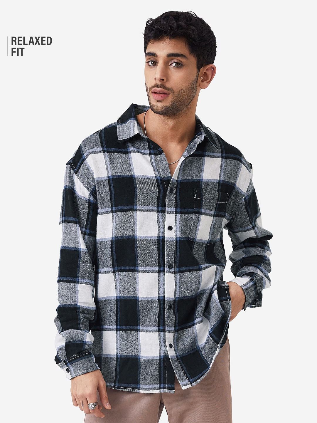 Plaids: Black, White Men Relaxed Shirts